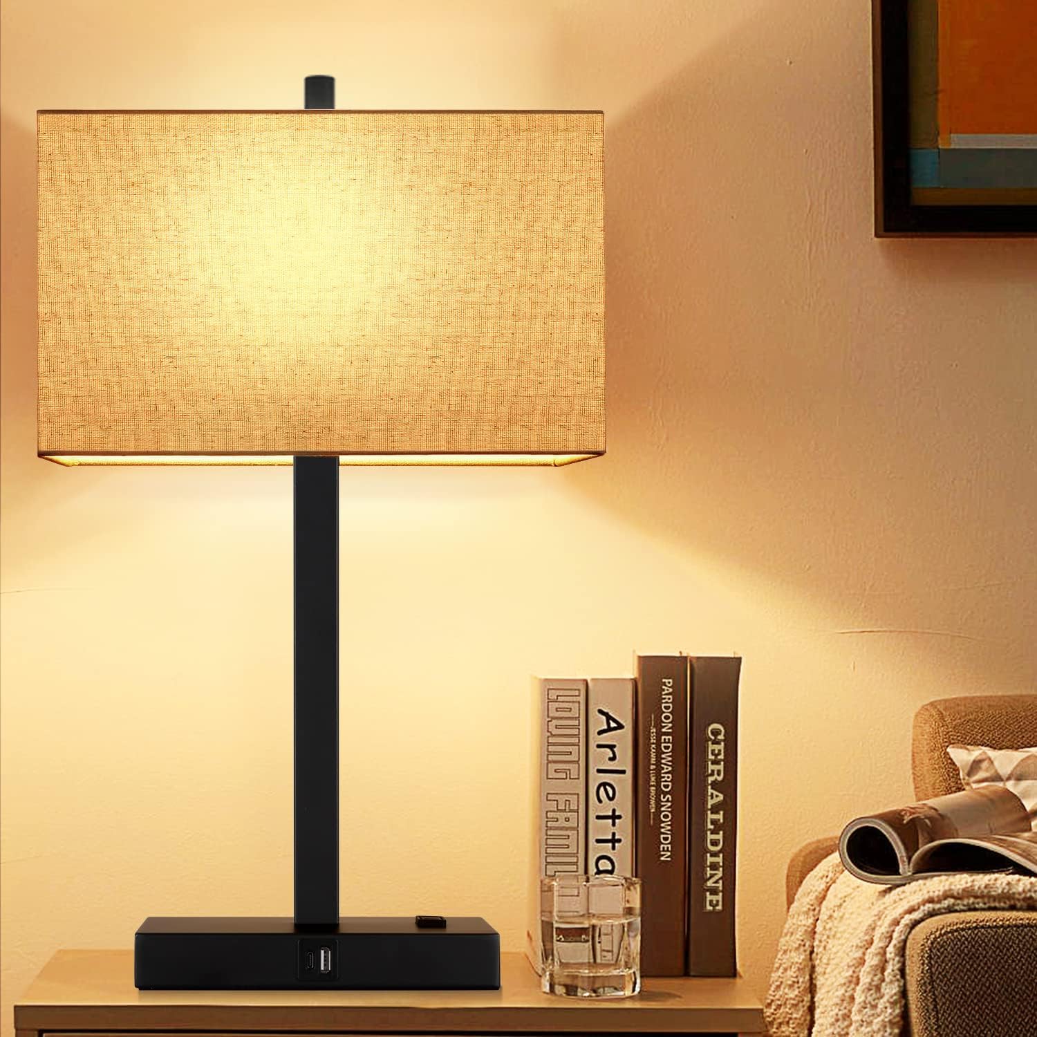 【Upgraded】Set of 2 Bedside Touch Control Table Lamp with USB A+C Charging Ports & AC Outlet, 3-Way Dimmable Nightstand Lamp with Fabric Shade for Bedroom Living Room, 2700K LED Bulbs Included