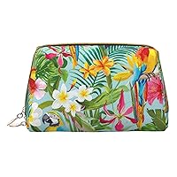 Tropical Plants And Parrots Print Leather Clutch Zipper Cosmetic Bag, Travel Cosmetic Organizer, Leather Storage Cosmetic Bag