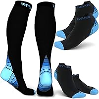 Physix Gear Sport 3 Pairs of Compression Socks for Men & Women 2 Pairs Low Cut & 1 Pair Knee High (Black/Blue) S-M Size