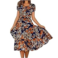 Women's Boho Ditsy Floral A Line Flared Midi Dress Casual Flowy Beach Dress Plus Size Loose Cocktail Party Dresses