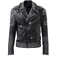 Men’s Brando Biker Rock Punk Studded Spike Black Motorcycle Cowhide Leather Jacket
