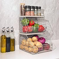 Silver Fruit Basket, Stackable Wall Mounted Pantry Organizers and Storage Basket with Wood Lid Top - Kitchen Hanging Wire Basket for Storage Bread, Cans, Snack, Fruit, Vegetable, 2 Set