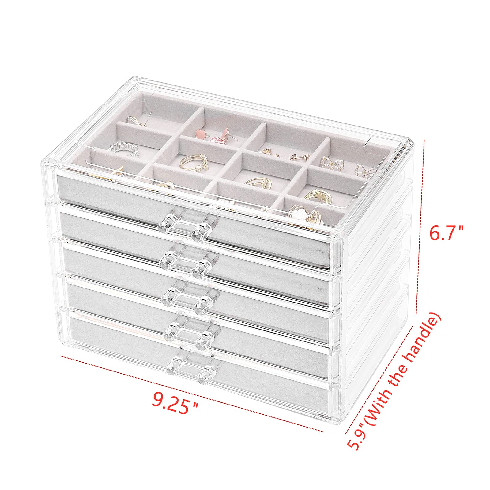 Cq acrylic Earring Jewelry Organizer with 5 Drawers,Clear Acrylic Jewelry Box for Women,Velvet Earring Display Holder for Earrings Ring Bracelet Necklace,Birthday and Christmas Gift,Grey