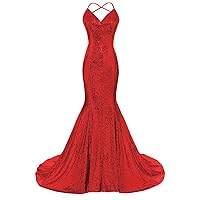 DYS Women's Sequins Mermaid Prom Dress Spaghetti Straps V Neck Backless Gowns Red US 6