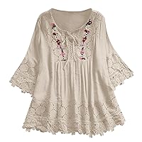 Bohemian Style Tunic for Older Women Boho Linen Floral Tops Embroidered Lace Up Loose Fit Blouses Ruffle Front Hippie