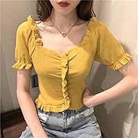 GANG New Summer Women's V-Neck Puff-Sleeve Crop top in a Chic Pleated Knit Casual tee (Color : Yellow, Size : XX-Large)
