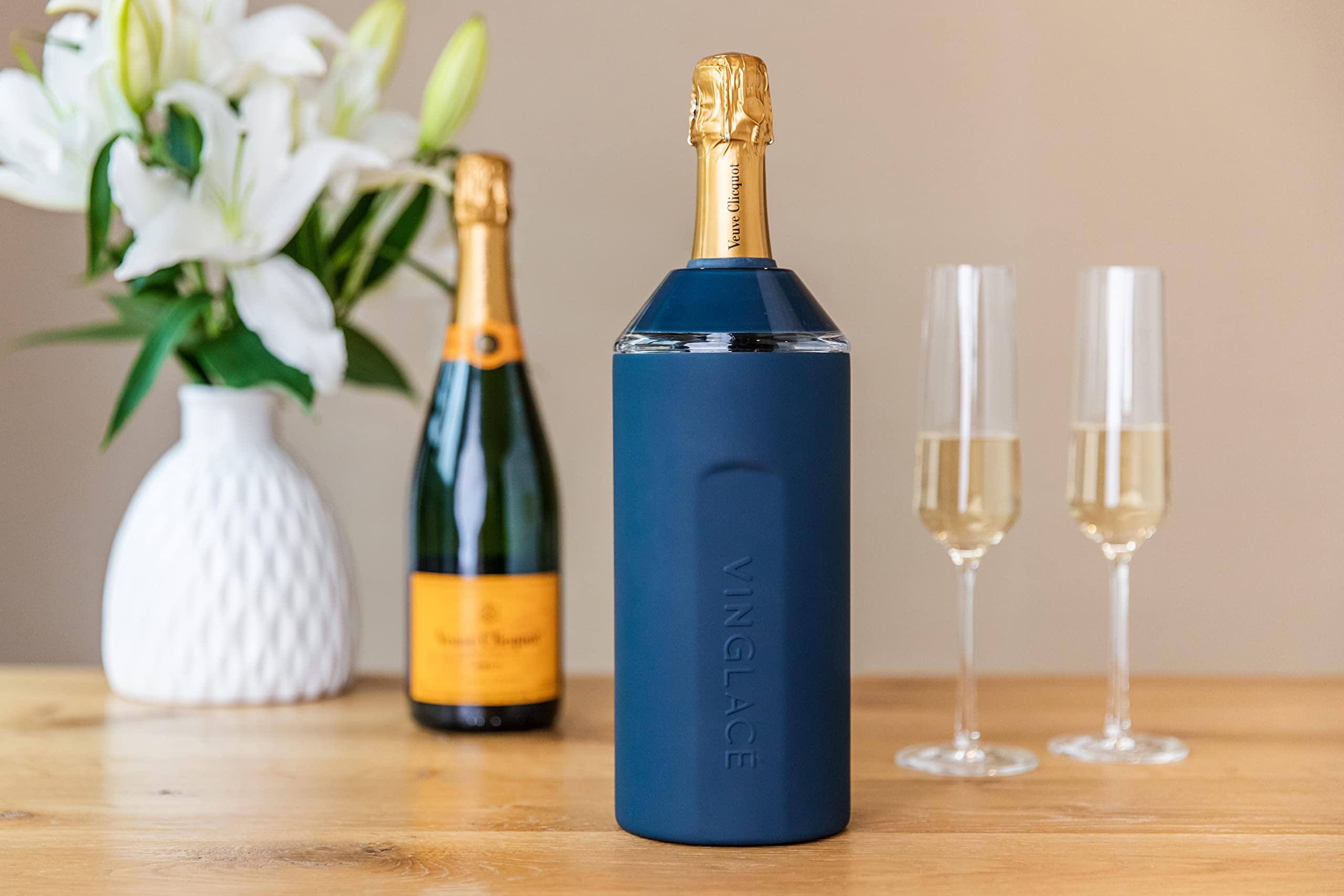 Vinglacé Wine Bottle Chiller- Portable Champagne Insulator- Stainless Steel Wine Cooler Sleeve, Navy