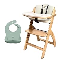 Abiie Beyond Junior Natural Wood/Dove Grey Cushion Convertible 3-in-1 Wooden High Chairs for 6 Months to 250 lbs, and Ruby Wrapp Sage Green Waterproof Silicone Bibs w/Front Pocket - Baby Essentials