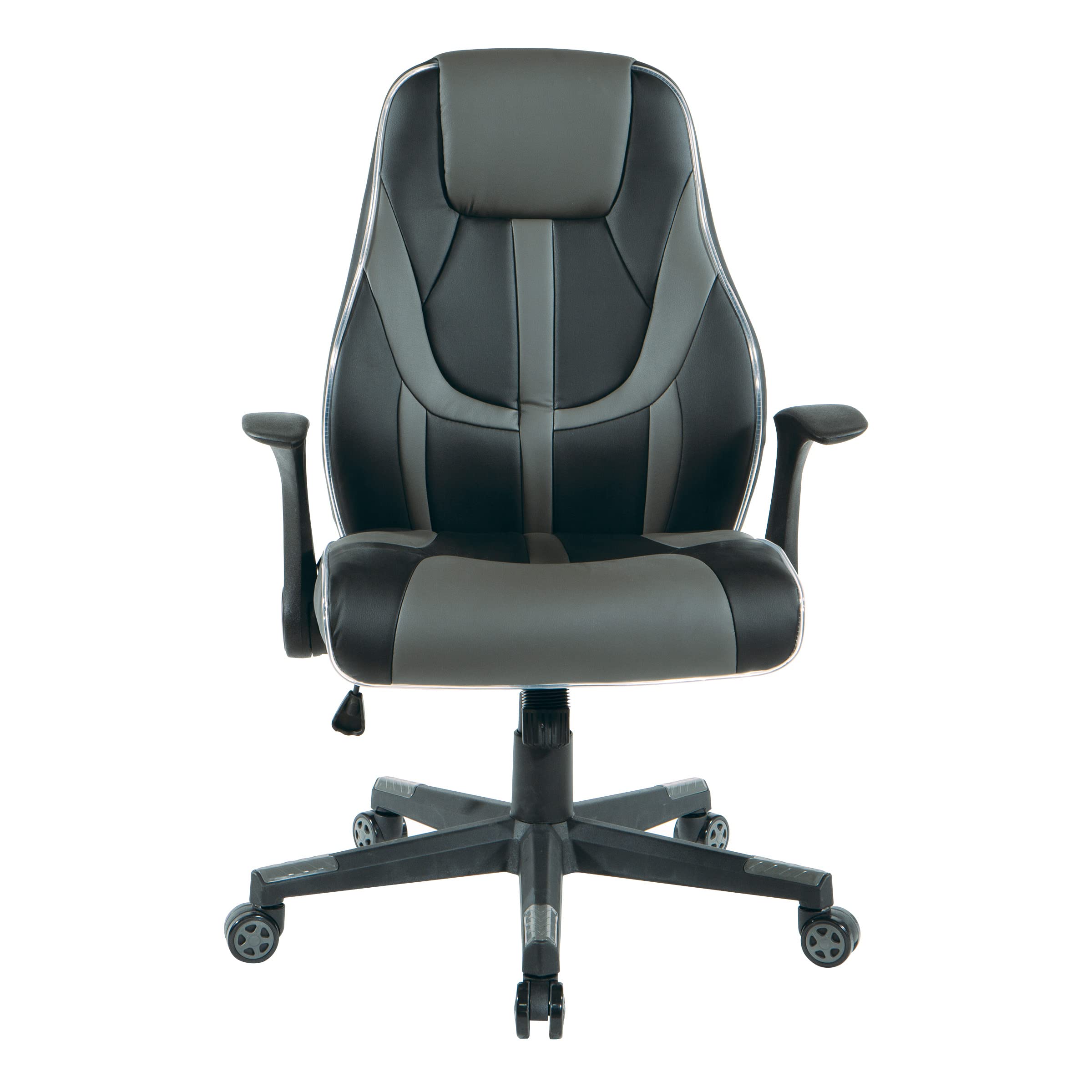 OSP Home Furnishings Output Mid-Back LED Lit Gaming Chair, Black Faux Leather With Grey Trim and Accents