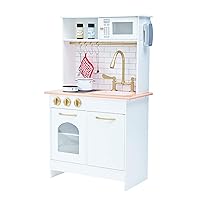 Teamson Kids Little Chef Boston Compact Farmhouse Interactive Wooden Play Kitchen with Sink, Oven, Microwave and Storage Space for Easy Clean Up, White with Gold Finishes