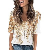 Womens Fashion Summer Half Sleeve Tops Casual V Neck Shirts Loose Fit Elbow Length Sleeve Blouses