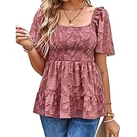IyMoo Summer Blouses for Women Square Neck Smocked Lace Mesh Tiered Tops Layered Babydoll Tunic Shirts