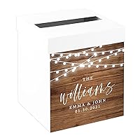 Andaz Press Sturdy White Personalized Wedding Day Card Box Rustic Wood with String Lights Custom Wedding Gift Boxes for Cards Personalized Card Box 10x10x10 Inches