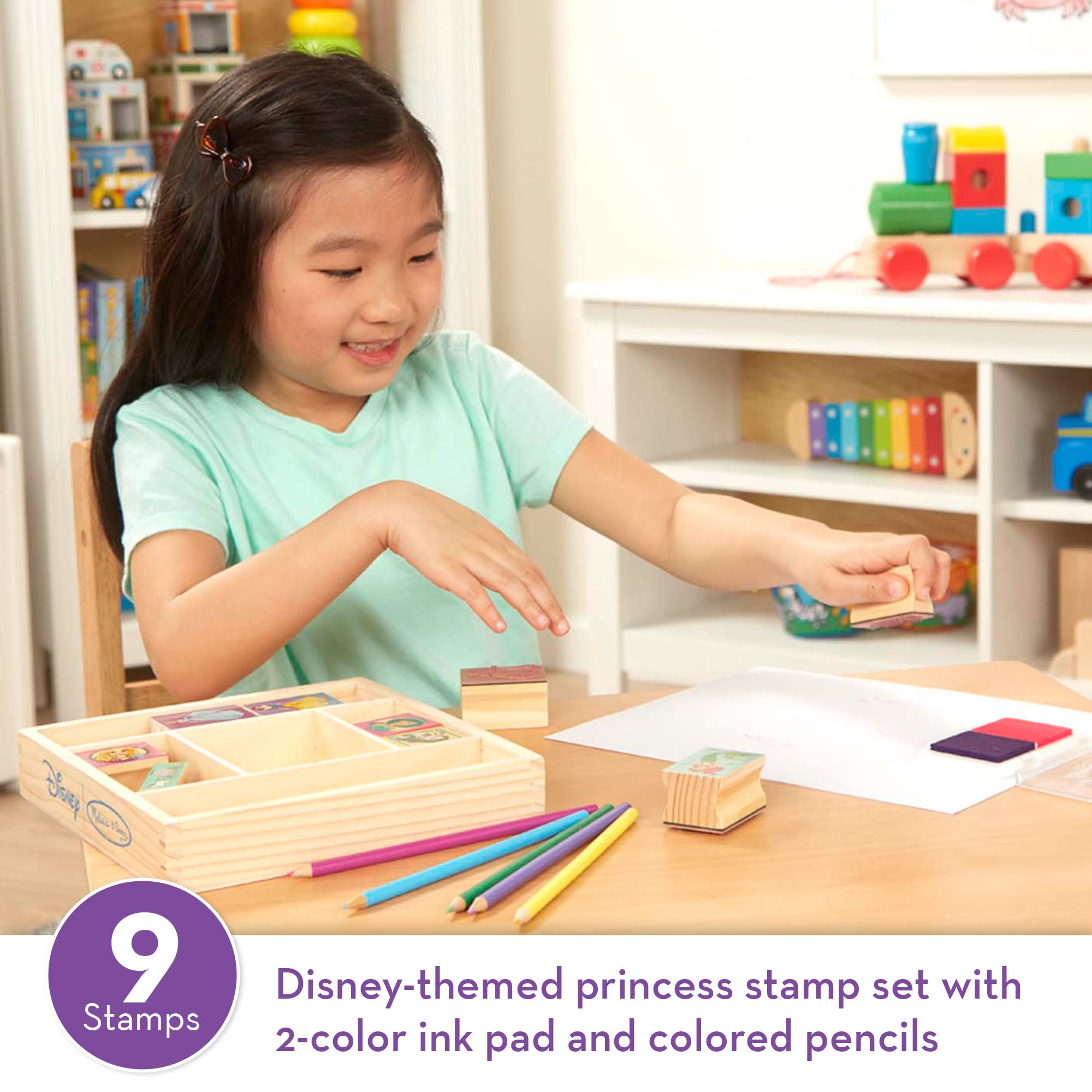Melissa & Doug Disney Princess Wooden Stamp Set: 9 Stamps, 5 Colored Pencils, and 2-Color Stamp Pad With Washable Ink For Kids Ages 4+
