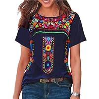 Womens Mexican Shirt Ethnic Style Boho Floral Print Casual Summer Tunic Tee Tops