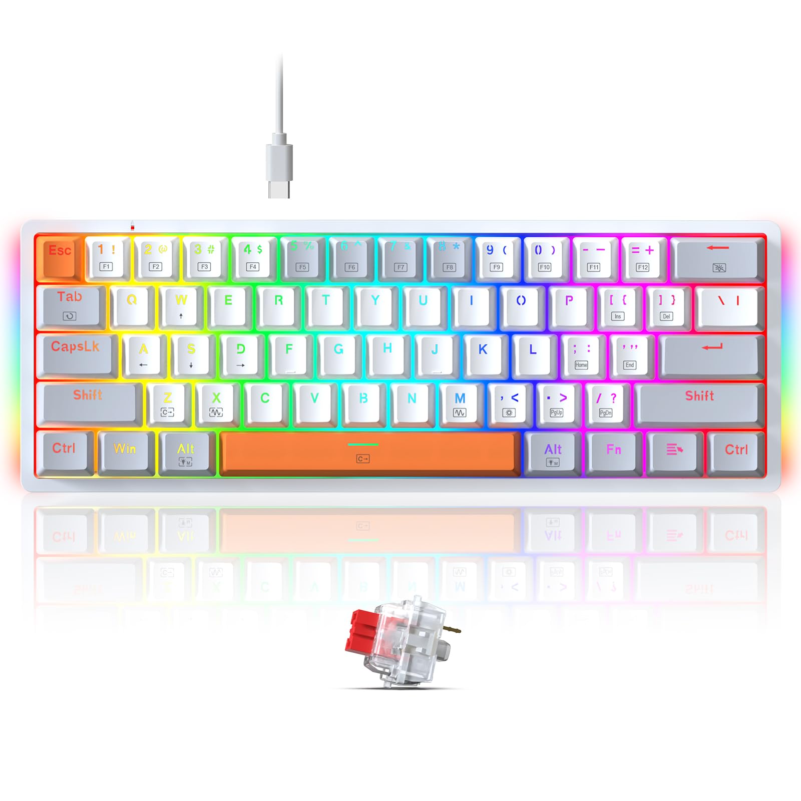 60% Keyboard Mechanical, Mini Wired Gaming Keyboard Compact 60 Percent Keyboard, RGB Backlit Hot-Swappable Red Switch Fully Programmable for Windows Laptop PC Mac,K642WGO White-Gray