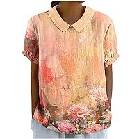 Summer Funny Floral Print Lapel Pullover Tops Women Casual Loose Shirts Plus Size Short Sleeve Keyhole Back Blouses