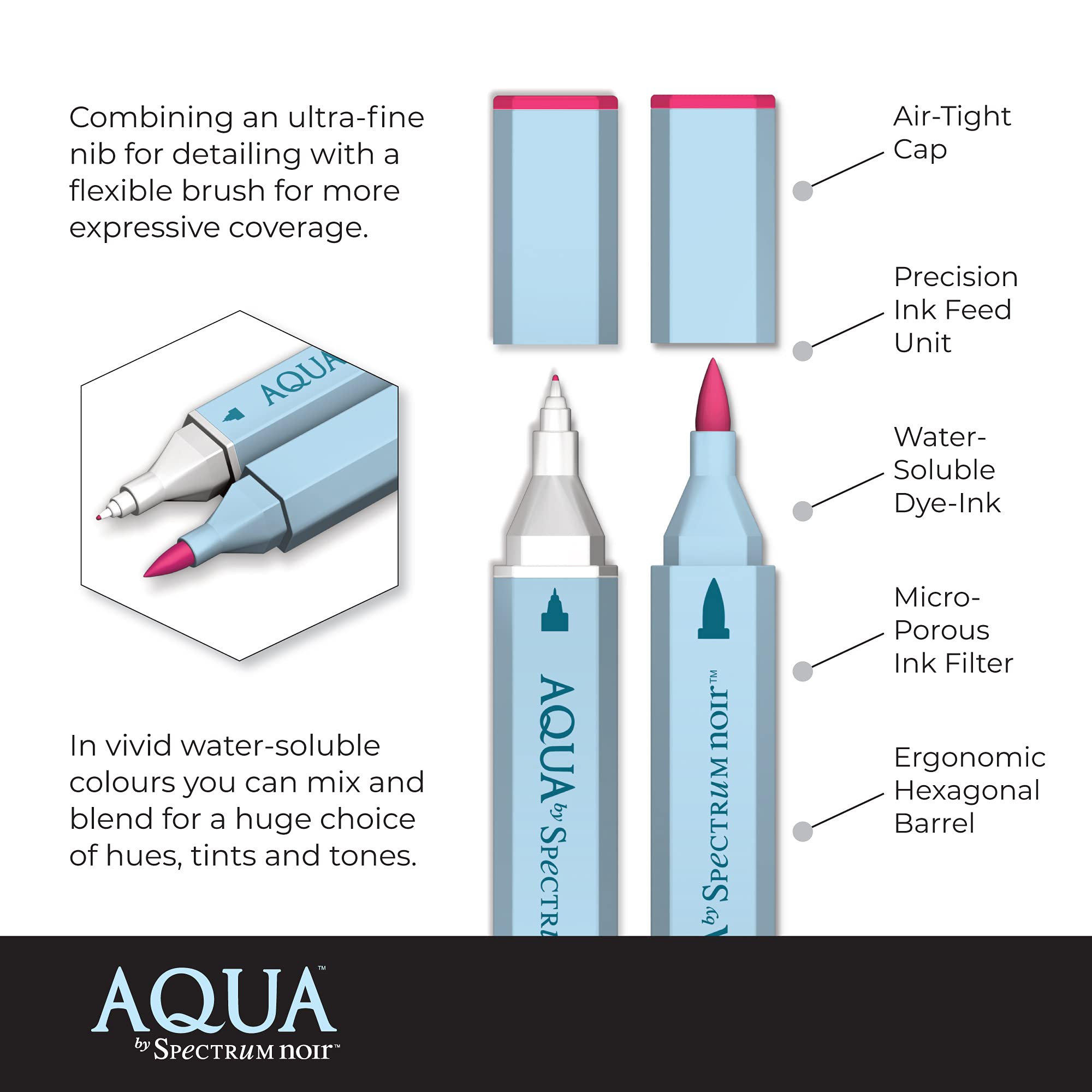 Spectrum Noir Aqua Artist's Water Based Dual Nib Marker Coloring Pens, Primary, Pack of 12, None, 19 x 18.4 x 2.1 cm