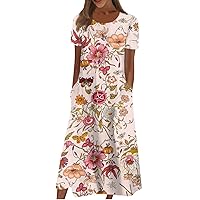 Summer Dresses for Women 2024 Trendy Crewneck/V Neck Maxi Dress Short Sleeve Dressy Casual Sundress with Pocket Today(7-Red,X-Large)