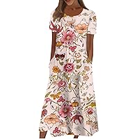 Women's Casual Dresses Printed Dresses Summer Dresses Printed Pleated Round Neck Midi Dresses Basic Classic