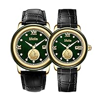 Diella Matching Gifts Watches for Couples, Luxury Jade Dress Wrist Watch with Japanese Quartz Movement for Men & Women, Leather Band, Date Analog, Waterproof (AD5002)
