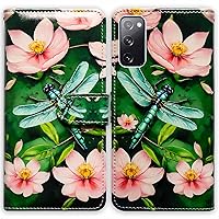 RFID Blocking Galaxy S20 FE 5G Case,Green Dragonfly Pink Flower Leather Flip Phone Case Wallet Cover with Card Slot Holder Kickstand for Samsung Galaxy S20 FE 5G