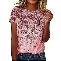 Womens Casual Tops,2024 Summer Tops Women's Short Sleeve Casual Round Neck Pullover Print Top Blouse
