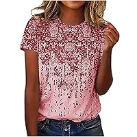 Womens Summer Tops 2024, Fashion Crew Neck Short Sleeve Printed Vintage Shirts Casual Elegant Loose Fit Basic Tees