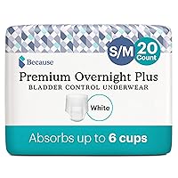 Because Premium Overnight Plus Pull Up Underwear - Extremely Absorbent, Soft & Comfortable Nighttime Leak Protection - Absorbs 6 Cups of Liquid, White, Small-Medium - 20 Count