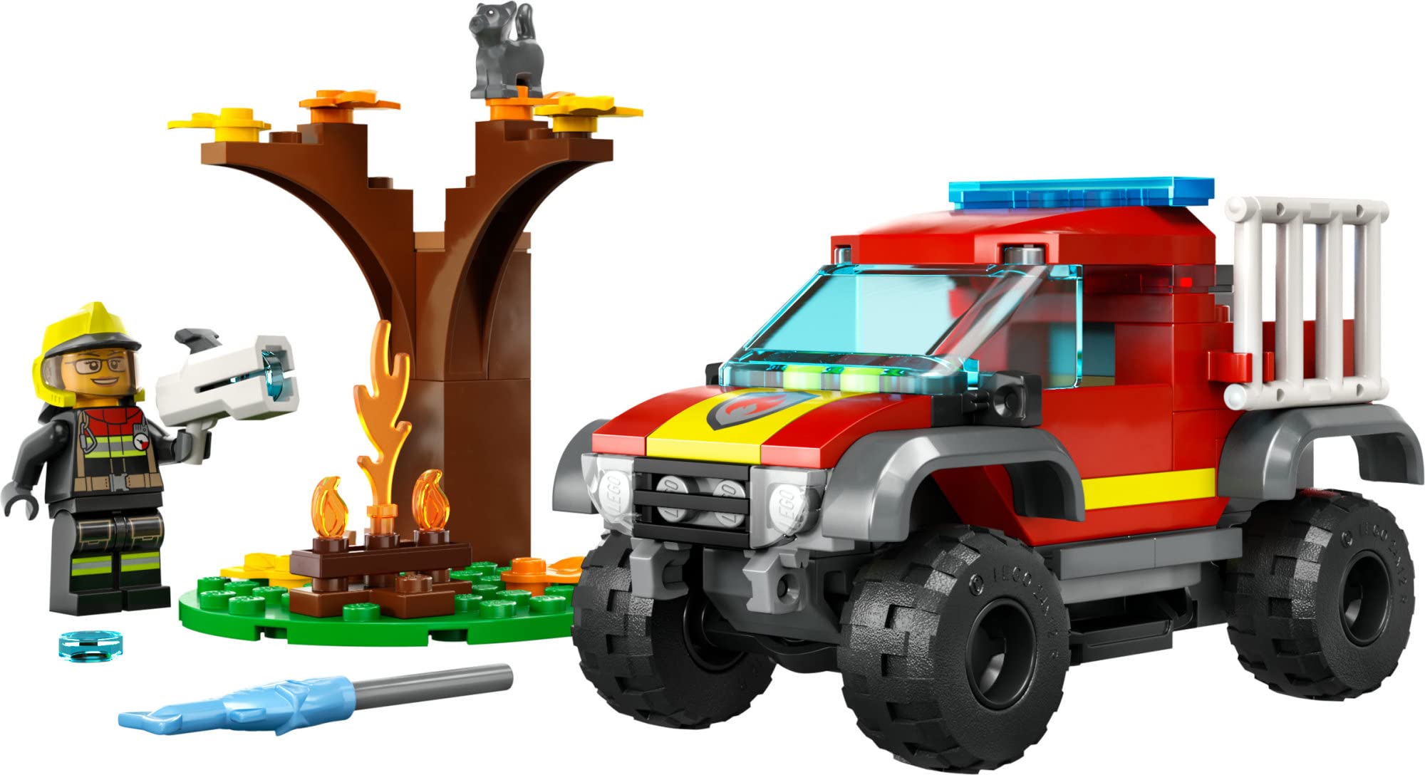 LEGO City 4x4 Fire Engine Rescue Truck 60393, Toy for 5 Plus Year Old Boys & Girls, Set with Water Element Launcher, Firefighter Minifigure and Cat Figure
