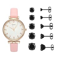 Top Plaza Bundle – 2 Items: Women Classic Leather Analog Watch & Stainless Steel Stud Earrings