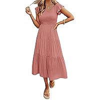 MEROKEETY Women's Flutter Sleeve Smocked Midi Dress V Neck Casual Tiered Dresses with Pockets