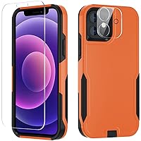 for iPhone 12 case [Shockproof] [Dropproof] [Tempered Glass Screen Protector with Camera Lens Protector] Heavy Duty Phone Case Cover for Apple iPhone 12 and iPhone 12 Pro 6.1 inch (Orange)