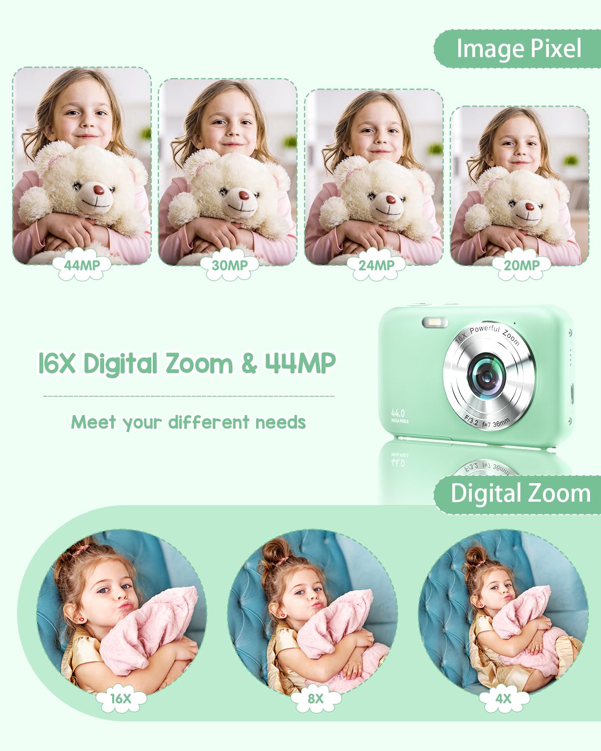 Digital Camera, FHD 1080P Kids Camera with 32GB SD Card 44MP Point and Shoot Camera with 16X Digital Zoom, Compact Portable Small Digital Camera for Teens Students Kids Girls Boys Beginner-Green