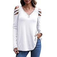 White Long Sleeve Shirts for Women Cropped Puff Womens V Neck Zip Long Sleeve Top Solid Off Shoulder Pullover