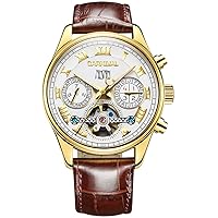 Men's 18k Gold Automatic Mechanical Wrist Watch Multifunction Calfskin Watchband (Brown Strap-White Gold)