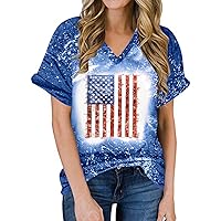 Womens Short Sleeve V-Neck 4th of July Patriotic Tie Dye Shirts Loose Casual Tee Star Stripes Tees Independence Day