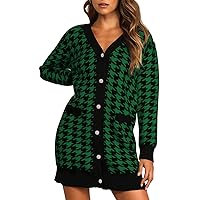 Pink Queen 2023 Fall Long Cardigan for Women Long Sleeve Open Front Button V Neck Houndstooth Cardigans Sweaters Dress