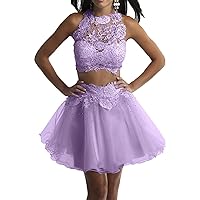Lilac Halter Lace Appliuqe Beaded Two Piece Short Cocktail Dress