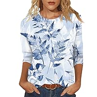 3/4 Length Sleeve Womens Tops Round Neck Fashion Loose Fit Shirts Solid Color Printing Holiday Tunic Blouse