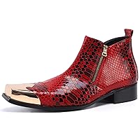 Men's Party Casual Metal Square-Toe Zipper Genuine Leather Dress Ankle Boots Novelty Wedding