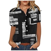 Women Tops,Plus Size V Neck Sexy Short Sleeve Blouse Summer Fashion Printed Tees Casual Button T Shirt
