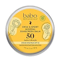 Babo Botanicals Swim & Sport Mineral Sunscreen Balm SPF50 - Natural Zinc Oxide - For Face & Body - For all Ages - Dermatologist Tested - Cruelty-Free - Fragrance-Free - EWG Verified - Water Resistant