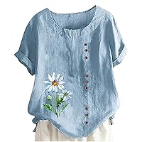 Oversized Tshirts Shirts for Women 2023 2024 Cotton Linen Tee Tops Floral Printing Button Blouse Short Sleeves