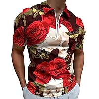 Skulls and Red Roses Polo Shirts for Men Zip Up Short Sleeve Golf Shirt Casual Collared T Shirt