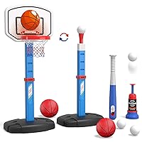 2 in 1 Kids Basketball Hoop and T Ball Set - Adjustable Height, Kids Baseball Tee with Automatic Pitching Machine, Indoor Outdoor Sport Toys Gifts for Toddler Boys Girls Age 1-5, Blue