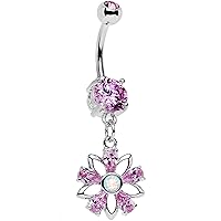 Body Candy Stainless Steel Pink Accent Synthetic Opal Snowflower Dangle Belly Ring