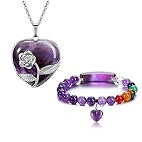 Jovivi Crystal Heart Chakra Bracelet and Rose Flower Crystal Heart Pendant Necklace