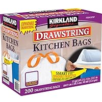 Kirkland Signature 13 Gallon 200 Ct Carton 100% recyclable Heavy Duty Drawstring Kitchen Trash Bags Garbage Bag,White