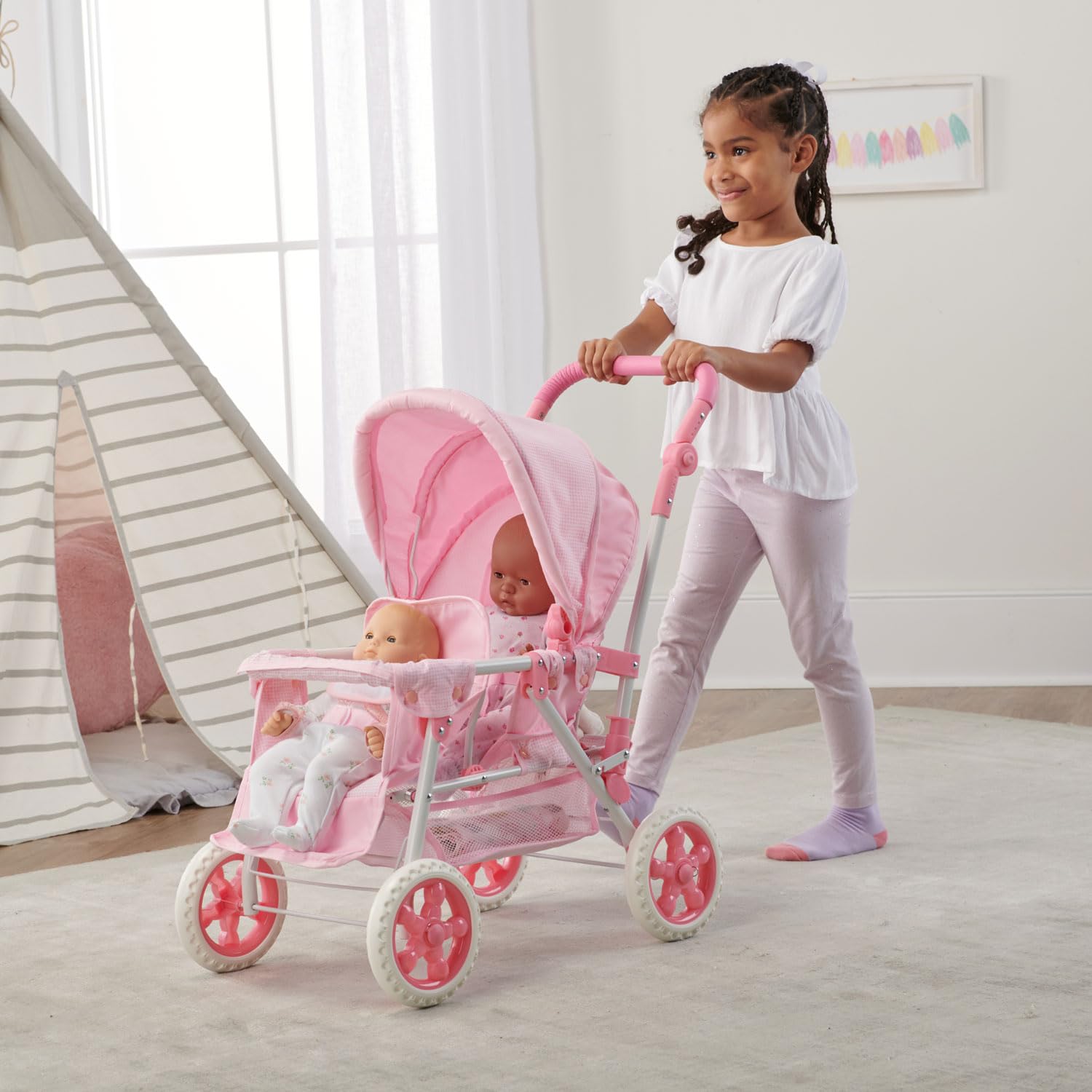 Badger Basket Toy Doll Folding Front-to-Back Double Stroller with Canopy for 18 inch Dolls - Pink/Gingham